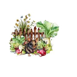 whimsical garden harvest clipart - beets, radishes, artichokes - field mouse - picket fence & wildflowers - png and jpg - digital download