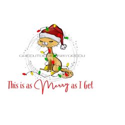 christmas cat in santa hat for sublimation. angry cat png, christmas lights, text reads 'this is as merry as i get' digital download