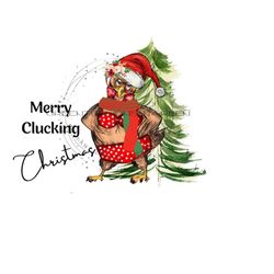 sassy chicken merry clucking christmas clipart - whimsical christmas sublimation design - funny chicken in swimsuit png - digital download