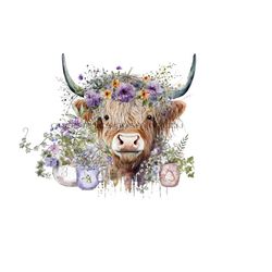 highland longhaired cow png, wildflower sublimation, cow png graphic, purple wildflower clipart, highland calf png, rustic farm download.