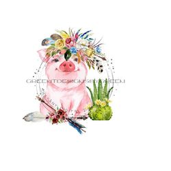 southern floral pig png, farm animal sublimation, country pig and arrow design, sublimation graphics, farm pink pig clipart, funny pig png
