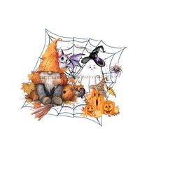 happy halloween gnome clipart - spiderweb, pumpkin, jack-o-lanterns, bat, spider, witch hat, broomstick, fall leaf - png - digital download