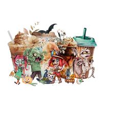 halloween coffee party clipart - frappe, cappuccino, latte - spooky characters - sublimation png & printable jpg - digital download