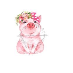 happy pink pig with polka dot bow and flowers clipart - cheerful design - sublimation png & printable jpg - digital download