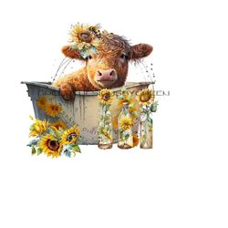 highland longhaired cow png, cute cow sublimation, metal tub png graphic, calf clipart, highland calf png digital download.