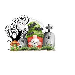whimsical halloween graveyard clipart - tombstones, ghost, spooky tree, gnome, bats, spider web, ghosts - sublimation png - digital download