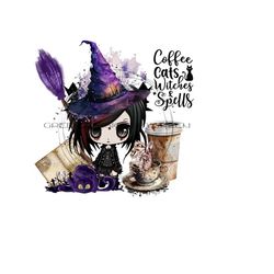 kawaii chibi witch clipart - 'coffee cats witches & spells' - purple hat, broom, cat - coffee cups - sublimation png - digital download