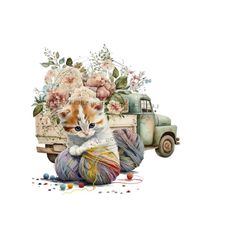 boho kitten & yarn clipart - vintage truck - floral accents - cat lover clipart - sublimation png and printable jpg - digital download