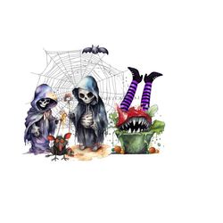 vintage halloween clipart - grim reapers, mischievous rat, black bat, spider web, man-eating plant, witch legs - png - digital download