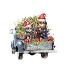 cute holiday kitten png - christmas sublimation design - funny cats in vintage truck, holly, christmas lights, bows - digital download