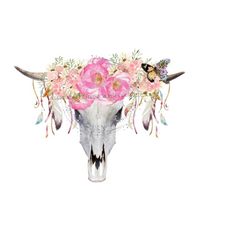 western boho rustic cow skull clipart - feathers & pink floral accents - sublimation png and printable jpg - instant download