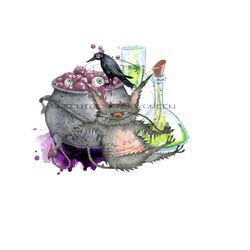 whimsical halloween potion clipart - witch's brew, cauldron, crow, crazy bat- sublimation png & printable jpg - digital download