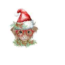 Geeky Christmas Cow Face Clipart - Highland Cow Sublimation Design - Red Glasses, Santa Hat, Holly, Pine Cones, Mistletoe - Digital Download