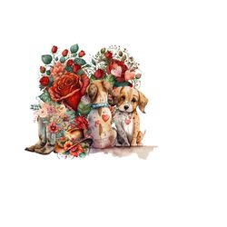 adorable puppy dogs sublimation png - puppies, roses & cowboy boots - digital download