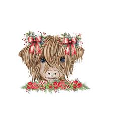 highland cow with mistletoe hairbows sublimation png - christmas long haired cow face clipart - candy canes, garland - digital download