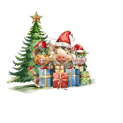 three little holiday pigs sublimation png - christmas decor clipart - presents, santa hat, christmas tree & star - digital download