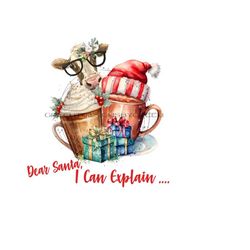 funny christmas cow clipart - 'dear santa, i can explain' - whimsical cow, coffee cups, presents - sublimation png - digital download