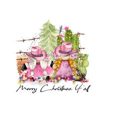 cowgirl gnome 'merry christmas y'all' sublimation png, boho western design, pink cowboy hat, cactus, barbed wire - digital download