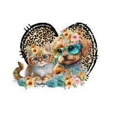 puppy dog and kitty png file, leopard print heart sublimation, cat and dog in glasses png, puppy clipart, wildflower sublimation png.