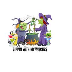 halloween cocktails clipart - 'sippin with my witches' - cauldron, elixir, black cat - sublimation png & printable jpg - instant download