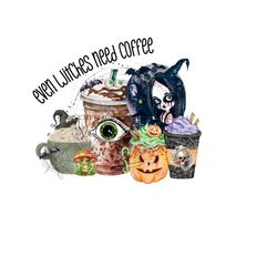 funny halloween coffee clipart - 'even witches need coffee' - goth witch, eyeball, jack-o-lantern, skull, cauldron - png - digital download
