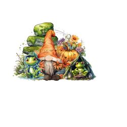 whimsical gnome w/ orange hat clipart - troll stones, pumpkin, floral accents - enchanting garden decor - sublimation png - digital download