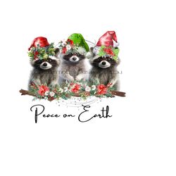 peace on earth sublimation design - whimsical raccoon & santa hat clipart - country christmas png - digital download