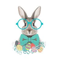 easter bunny rabbit with easter eggs png, bunny with oversized glasses & blowing bubble gum, rabbit png, clipart, sublimation, waterslide