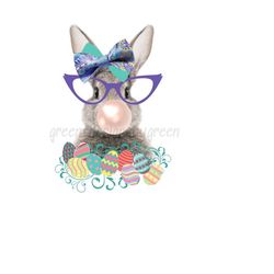 easter egg and bunny rabbit png, rabbit blowing bubble gum with oversized glasses, sublimation design , rabbit png, bunny waterslide.