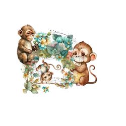 monkey png image, monkey swinging clipart, wildflower png, digital download png, monkey clipart, monkey sublimation, zoo sublimation.
