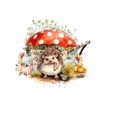 fall hedgehog & umbrella png - whimsical sublimation design - wildflowers, pumpkins, wheelbarrow - digital download