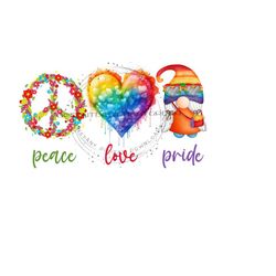 peace love pride sublimation png - rainbow color peace sign, heart, and gnome - digital download