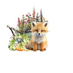 cute fox clipart - wildflowers, pumpkins, wheelbarrow - fall harvest sublimation design - high quality png - digital download