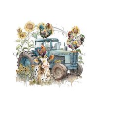 boho farm clipart - cow, chickens, tractor, sunflowers - sublimation design - high quality png - digital download
