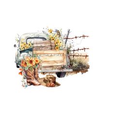 rustic truck with cowboy boots, wildflowers, cowboy hat, and barbed wire fence sublimation png - digital image download