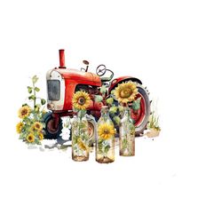tractor png, red tractor clipart, western tractor sublimation, sunflower png, rustic farm tractor graphic clipart, vintage tractor png.