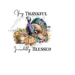 thankful & blessed fall harvest turkey clipart - flowers, pumpkin, autumn leaves, inspiring quote - sublimation png - digital download