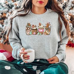 gingerbread christmas coffee shirt png, christmas coffee sweatshirt png, coffee lover gift, latte drink crewneck, women