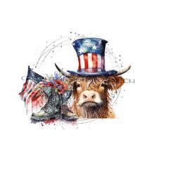 longhaired cow with patriotic top hat sublimation png - red white blue floral & usa flag accents - highland cow digital download