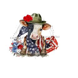 black and white cow, patriotic, american flag, red white blue