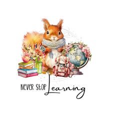 squirrel back to school png-cute squirrel clipart-school globe, books, pencils & backpack clipart image-png for sublimation-digital download