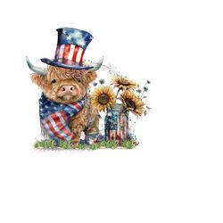 patriotic highland cow sublimation png - longhaired calf with american flag & rwb top hat - sunflowers in mason jars - digital download