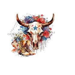 patriotic cow skull sublimation png - western theme with red white blue floral accents - usa flag - digital download