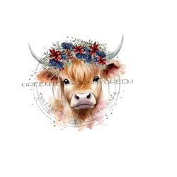 adorable cow sublimation png - patriotic americana clipart with red white blue flowers - digital download