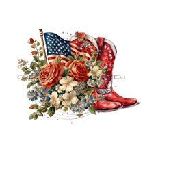 western patriotic sublimation png - red boots, red white blue flowers, american flag - digital download