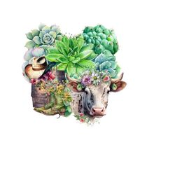 western cow png, green cactus background, cowboy boot and hat graphic, barrel png digital download, western png, cactus background, cow png