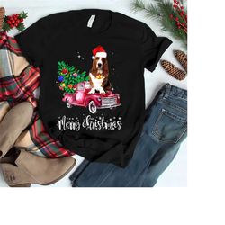 basset hound dog christmas ride red truck t shirt, basset hound dog t shirt, basset hound christmas t shirt, basset houn