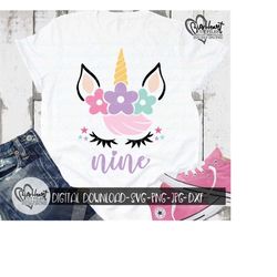 unicorn 9th birthday svg, png, jpg, dxf, unicorn svg, unicorn birthday shirt design, nine birthday svg, 9 svg, silhouette, cricut cut files