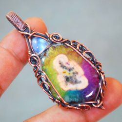 moonstone pendant rainbow solar quartz pendant wire wrapped handmade jewellery copper wire jewellery women's gifts