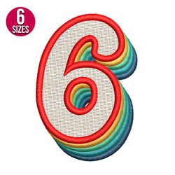 Retro Number six 6 embroidery design, Machine embroidery pattern, Instant Download